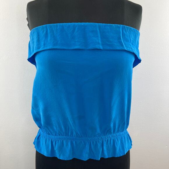 Eight Sixty Blue Top Silk Off the Shoulder Ruffle Hem Halter Size X-Small XS - Picture 3 of 8
